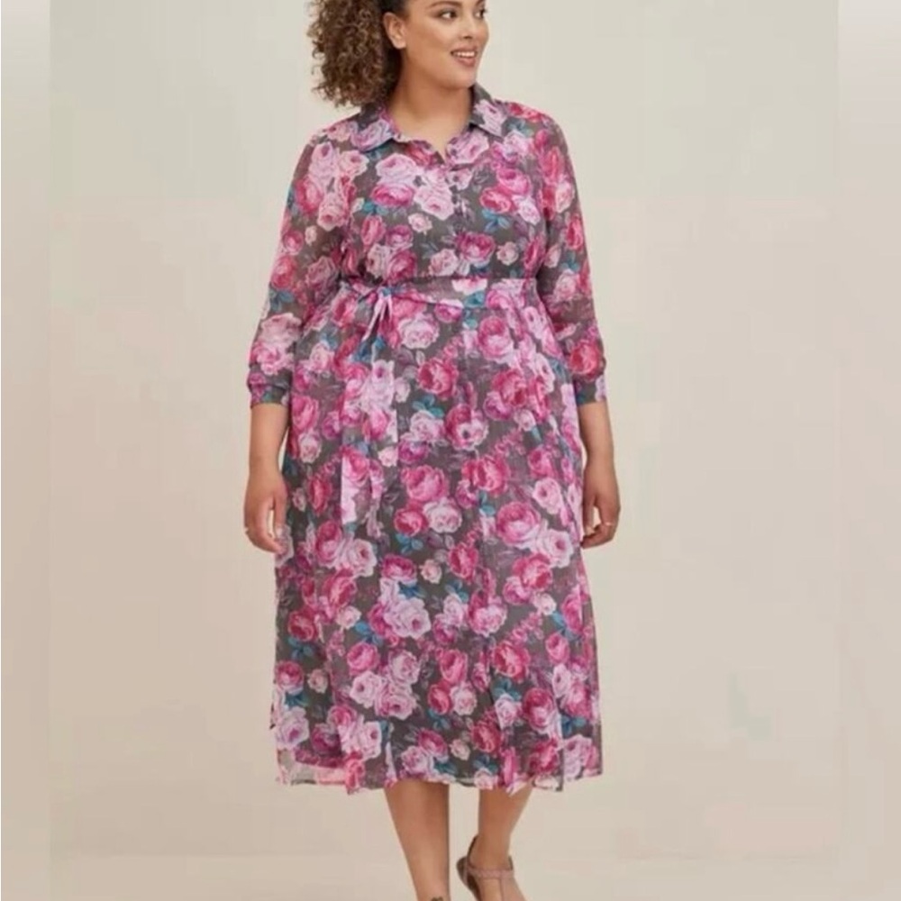 TORRID Pink Floral Midi Shirt Dress with Tie Waist
